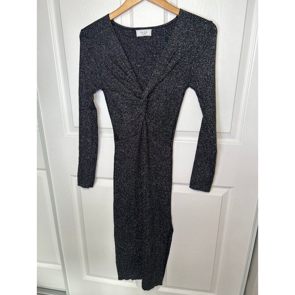 Sage The Label Metallic Twist Front Ribbed Midi Dress Black Silver Long Sleeve M